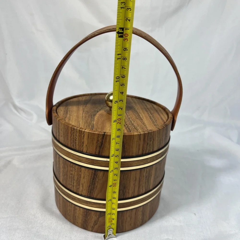 VTG Faux Wood Ice Bucket with Lid Handle Gold Tone Trim Elmar MFG LA Barware